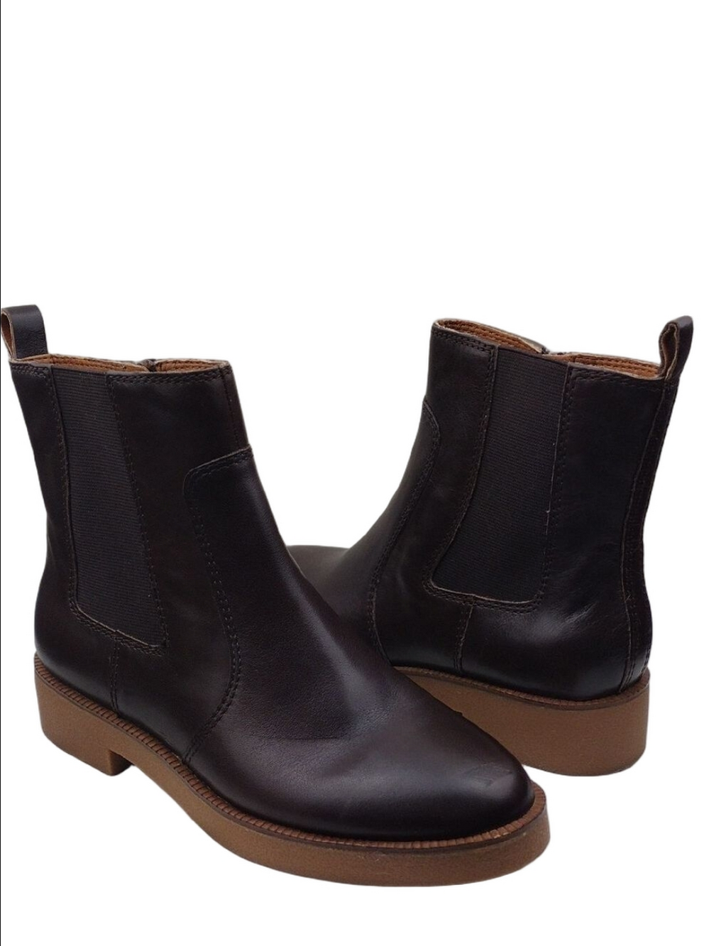 Lucky Brand Ressy Brown Leather Almond Toe Side Zip Low Block Heel Ankle Boot